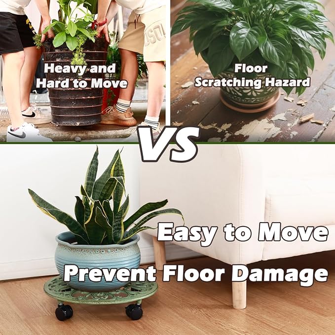 3 Packs 14 Inch Rolling Plant Stand with Wheels Metal Plant Caddy with Wheels Heavy Duty Round Plant Stand Indoor Iron Plants Rollers for Plants, Plant Dolly Retro Green