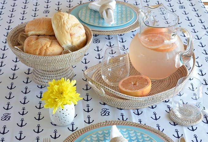 KOUBOO La Jolla Rattan Fruit Bowl, Decorative Kitchen Basket, Wicker Storage Bowl for Fruit, Vegetables, Modern Home Decor, Serving Platter, Small Scalloped Tray, White Wash