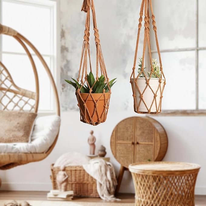 Artilady Macrame Hanging Planter for Indoor Plants, Boho Woven Plant Hanger Large Hanging Flower Pot Holders Outdoor Baskets Storage No Tassels Brown Wall Decor (Latte Brown)