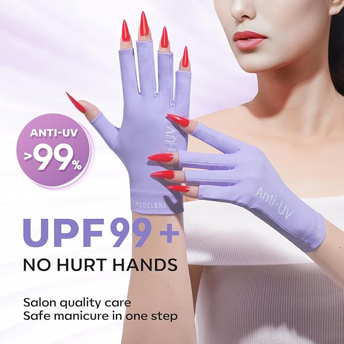 modelones UV Gloves for Gel Manicures, Professional UPF99+ Anti UV Protection Gloves for Gel Nail Lamp (Purple)