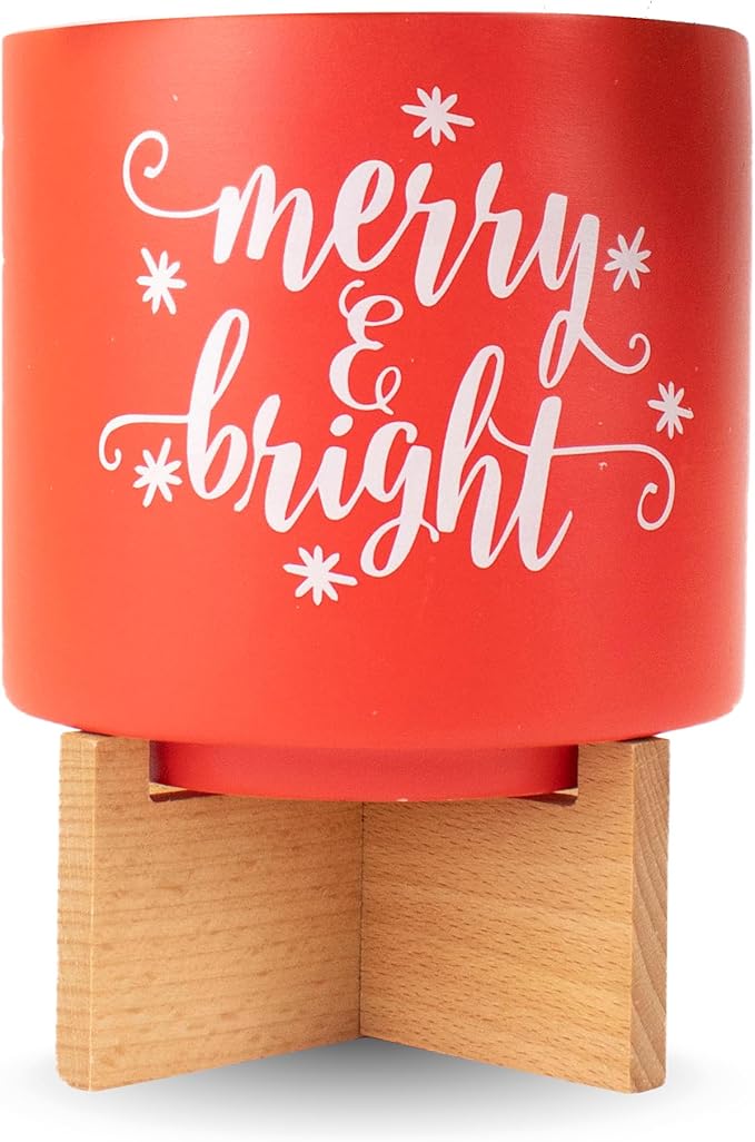 Ceramic Holiday Planter Pot, Merry & Bright Design, Red & White, Holds 4" House Plant or Succulent, Festive Winter Christmas Home Décor with Wood Stand