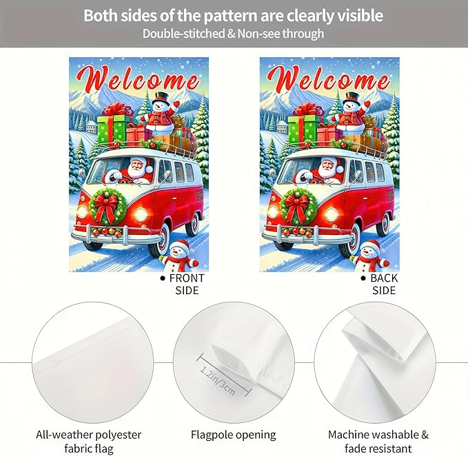 Christmas Welcome Bus Garden Flag 12x18 Inch Double Sided Holiday Santa with Gifts Snowman Small Outdoor Yard Flag Seasonal Welcome Garden Banner for Porch Lawn Patio Christmas Decor