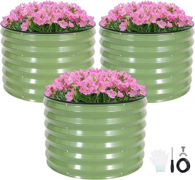 INNO STAG 3 Pcs Round Galvanized Raised Garden Bed — 2×2×1.4ft Planter Box Outdoor Raised Beds Kit for Gardening Vegetables, Fruits, Herbs, and Flowers, Olive Green