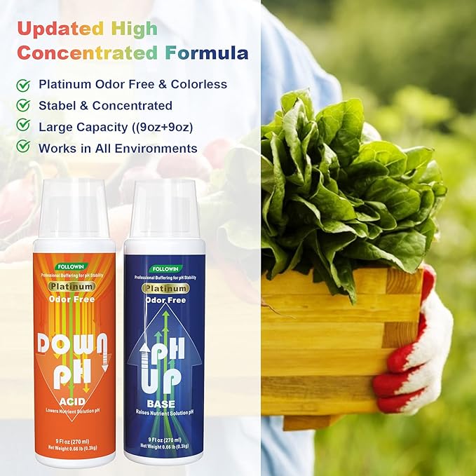 FOLLOWIN pH Up and Down Control Kit (9oz+9oz), Hydroponics pH Tester Calibration Adjuster Buffer Solution Combo for Soil Gardening Plants Pool A Balanced Nutrient