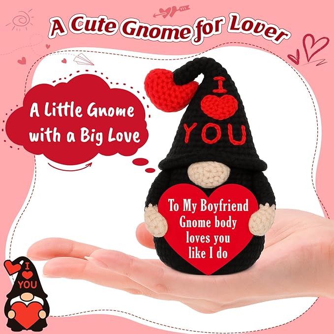 Valentines Gifts for Boyfriend from Girlfriend - Handmade Crochet Gnome, Romantic Valentine‘s Day Birthday Xmas Presents for Him, I Love You Sentimental Gift for Lover