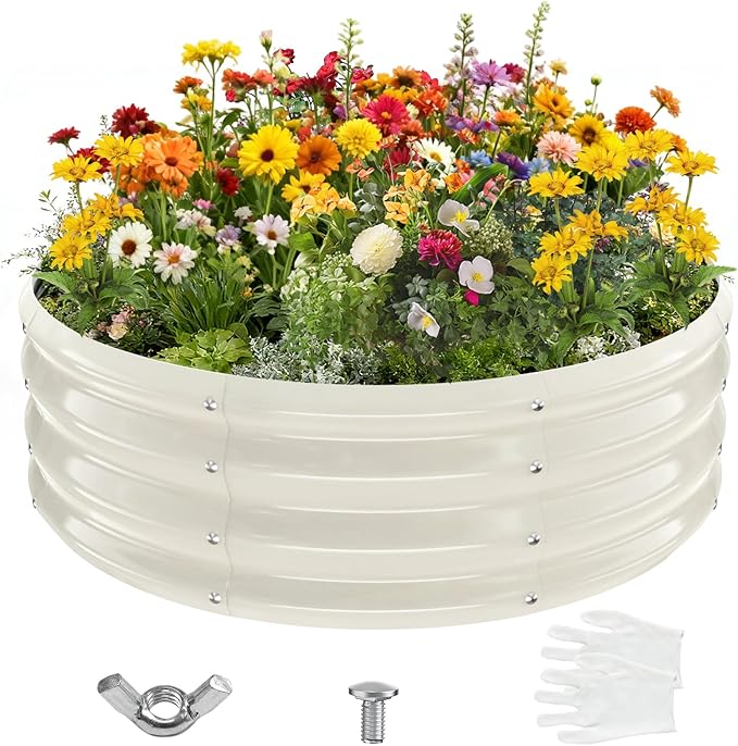 3FT Diameter Galvanized Garden Raised Bed/Plant Box/Fire Pit Ring - 0.8mm Thick,12 Inch Tall,Perfect for Planting a Variety of Flowers,Herbs,Vegetables (Cream White, 36 Dia X 12 inches)