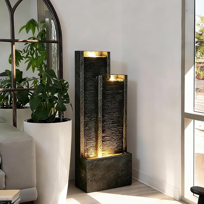 Modern Tiered Waterfall Fountain with Lights – Indoor Rectangular Water Feature - 35.4"H Waterfall Fountains for Deck, Patio, Porch, Garden, Yard Decor Standing Indoor Outdoor Water Fountains