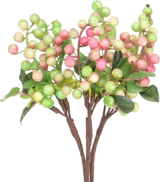 3-Pack Artificial Berry, 9.8 Inch Faux Holly Berry Foam Faux Frosted Berries with Stems for Home/Wedding/Christmas/DIY/Party/Garden/Office [White Pink]