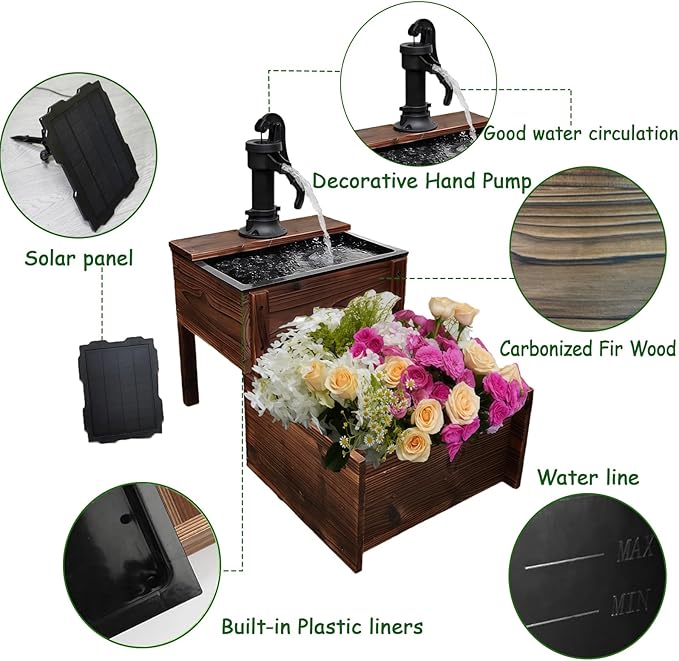 Outdoor Water Fountain，Floor Wooden Rectangular Double-Layer Old-Fashioned Pump Fountain with Flower Box，Solar-Powered Electric Decorative Hand Pump，Outdoor Water Feature for Garden Patio Backyard