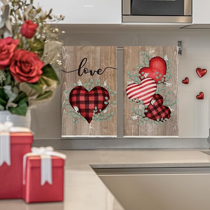 Artoid Mode Wood Heart Love Valentine's Kitchen Towels Dish Towels, 18x26 Inch Farmhouse Wedding Anniversary Decoration Hand Towels Set of 2