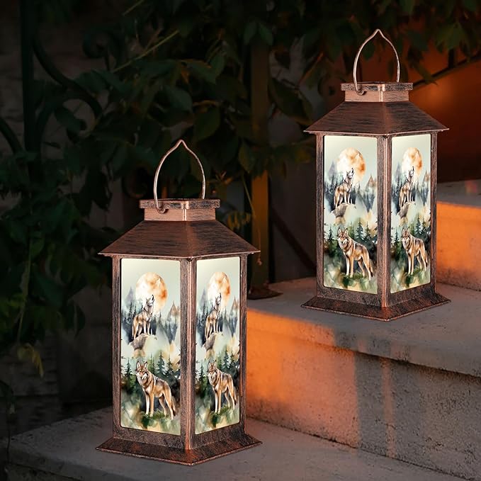 Pawatee Solar Hanging Lanterns, Wolves Style, Bronze Finish, 2 LED Lights, Waterproof, Ideal for Garden, Patio, Lawn, and Porch