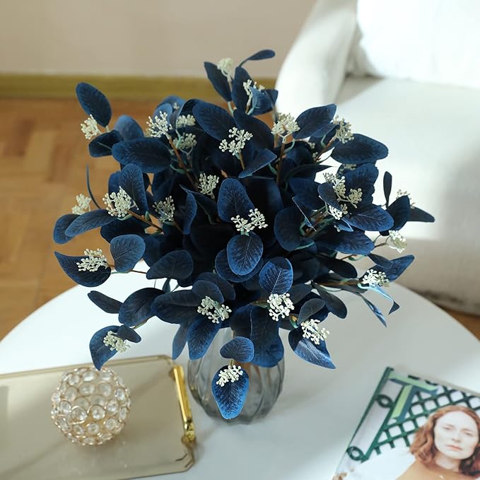 20" Silk Artificial Eucalyptus Stems, 12Pcs Fake Eucalyptus Stem with Leaves Berries, Greenery Plants Floral Decorations for Wedding Party Flower Arrangement Home Decor (Navy Blue)