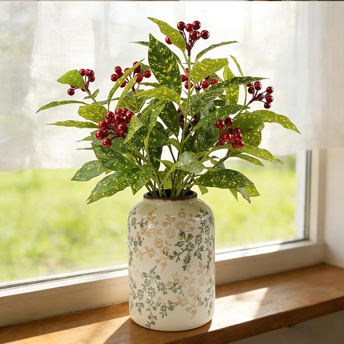 3 Pcs Artificial Greenery Plants, 18" Faux Christmas Red Berry Plants Stems for Vase Fake Leaves Branches Indoor for Table Fireplace Cabinet Livingroom Kitchen Festivals Home Decor (Yellow Green)