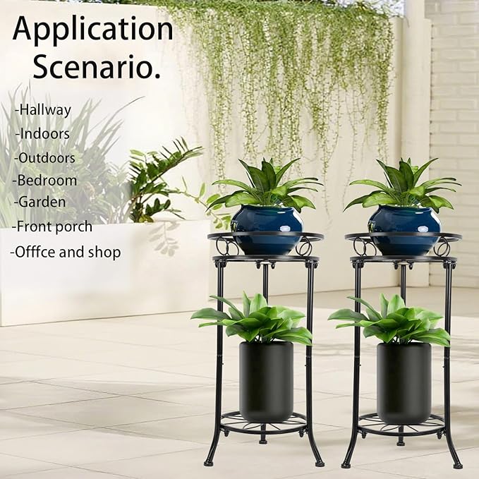 Indoor Outdoor Metal Plant Stand Christmas Gift,20.3" Heavy Duty Flower Pot Stands for Multiple Plant,2 Tier Modern Flower Pot Stand Holder Rack Planter Display for Patio Garden Balcony(2 Pack Black)