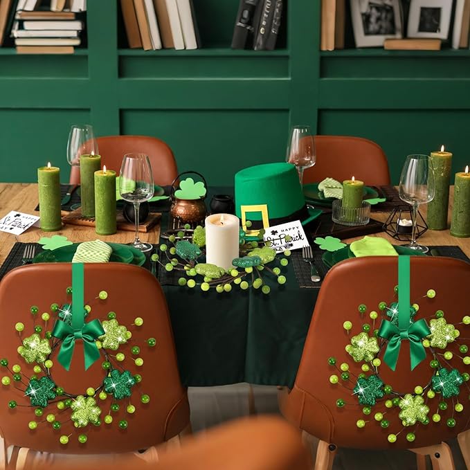 6 PCS Mini St. Patrick's Day Glitter Shamrocks Kitchen Cabinet Wreaths Small St. Patrick's Day Wreath for Front Door with Ribbon Spring Lucky Green Irish Clover Berry Wreath for Porch Wall Window