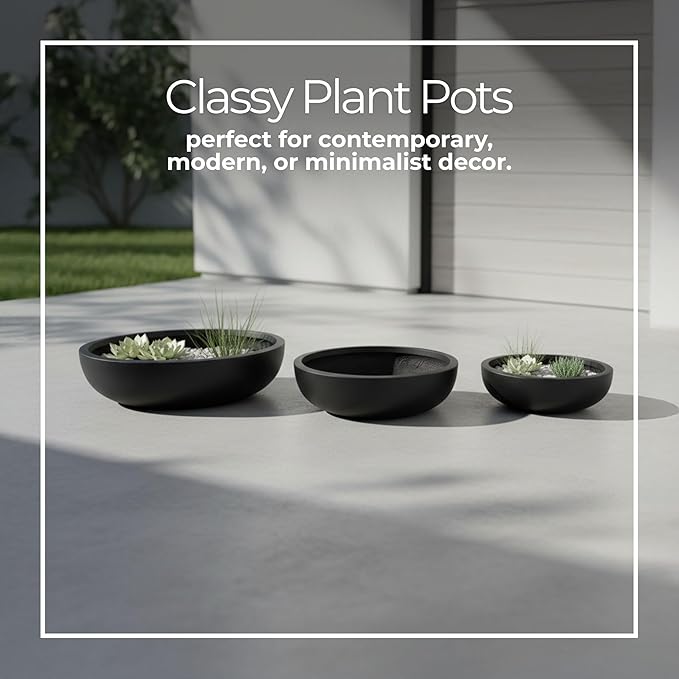 Set of 3 Decorative Resin Planter Pots – Minimalist Sleek Finish Design – Indoor Outdoor Plant Holders – Contemporary Modern Pot Set for Living Room, Entryway, Patio or Garden – 6", 5", 4", Black