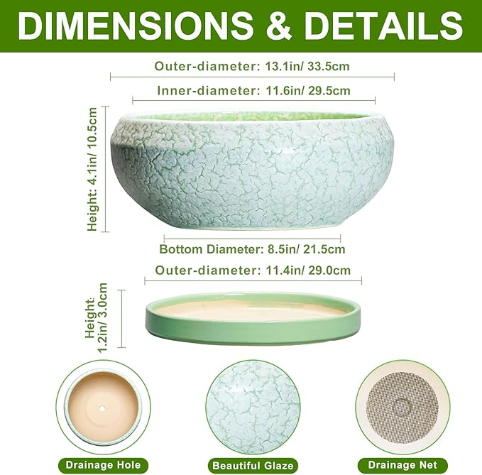 EPFamily Bonsai Pots - 13 Inch Ceramic Succulent Pots for Indoor Outdoor, Large Shallow Planter with Drainage Hole and Saucer, Round Flower Succulent Planter, Patio Decor, Gifts for Women, Green