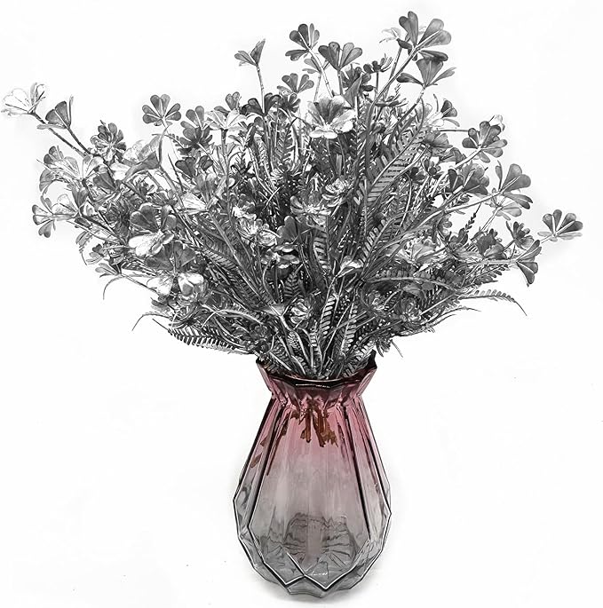 Artificial Plants Decor, Fake Glitter Clover Stem Plastic Flowers Stems Faux Simulation Good Luck Grass Twigs Plant for Wedding Picks Decoration DIY Wreath Crafts Christmas Tree Filler Silver 10 Pcs