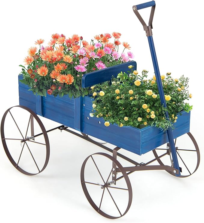 Giantex Decorative Garden Planter, Small Wagon Cart with Metal Wheels, Wood Raised Beds Plant Pot Stand for Backyard Garden Patio 24.5”Lx13.5”Wx24”H (Blue)