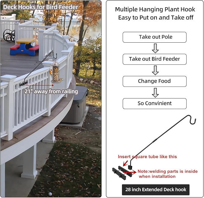 Monalife Deck Railing Plant Hanger Outdoor-Deck Hook Railing Mount，Metal Bird Feeder Hanger for Deck Railing,Fence Shepherds Hooks Pole Bracket for Hanging Hummingbird Feeder,Planter,Flower Baskets