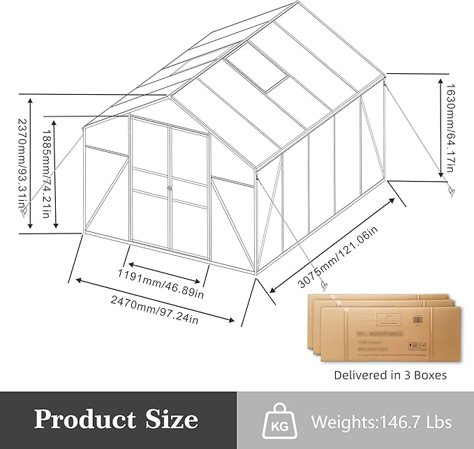 8x10 FT Greenhouses for Outdoor,Heavy Duty Polycarbonate Greenhouse,Large Walk-in Garden Green House with Raised Base,Double Doors and Two Ventilation Windows for Outside, Backyard,Black