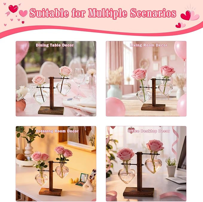 XXXFLOWER Plant Terrarium Wooden Stand, Hydroponic Planter Bulb Glass Metal Swivel Holder Retro Air Plants Water Plants for Home Office Decoration,Gifts for Plant Lover Wife Mom- 2 Love Bulb Vase