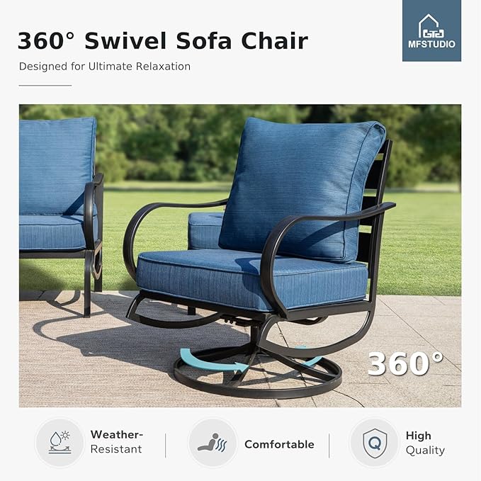 MFSTUDIO 5 Pieces Patio Conversation Sets,Outdoor Metal Furniture Sofas with 1 x 3-Seat Sofa, 2 x Swivel Chairs,2 x Ottoman,Wrought Iron Frame with Peacock Blue Cushion for Patio Courtyard Balcony