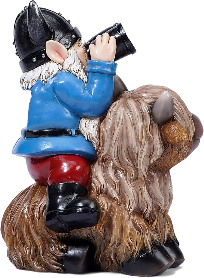 Tolimi Garden Gnome Sitting on Highland Cow Outdoor Statue wiht Solar LED Light Funny Decoration for Yard and Patio Gifts for Mom Christmas Decorations