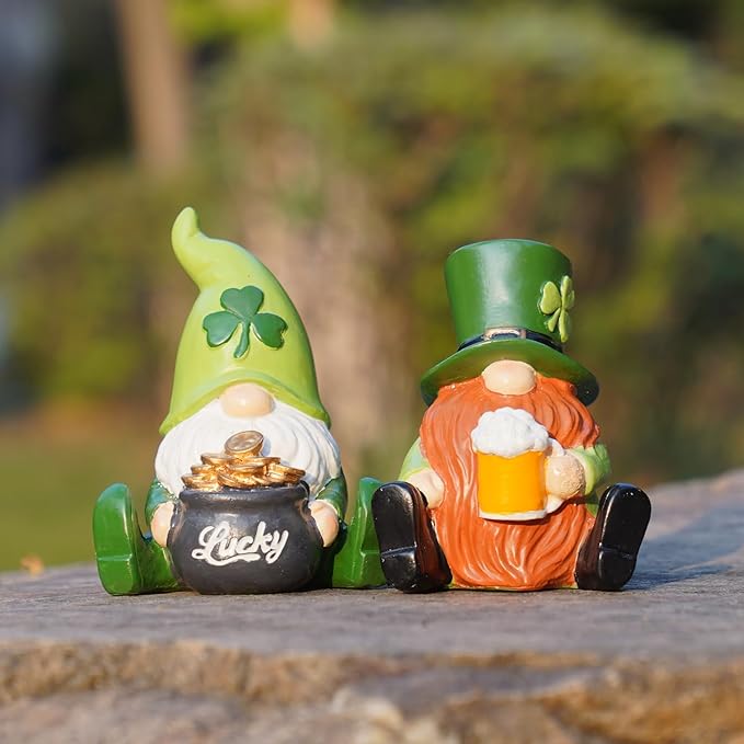St Patrick's Day Gnome Decorations - 2PC Gnome Figurines with Lucky Shamrocks Beer Cups Pot of Gold Resin Faceless Dolls St. Patricks Day Farmhouse Décor for Home 2.75*2.25*4.75 in Newman House Studio