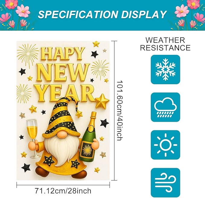 Happy New Year House Flag 28x40 Inch Double Sided Garden Flag Gold Gnome Champagne and Star Design Winter Holiday Yard Banner Large Outdoor Polyester Flag for Porch Lawn Home Decoration