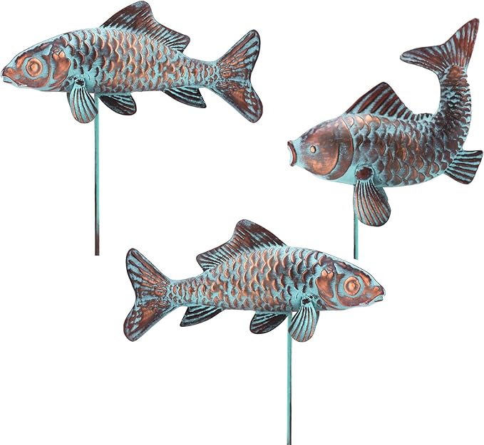 Metal Koi Fish Statues Garden Decor Antique Copper Koi Outdoor Sculptures & Statues for Patio,Backyard,Pond,Home Decoration,Metal Fish Stakes for Outside,Gardening Gift for Mom Grandma,Set of 3