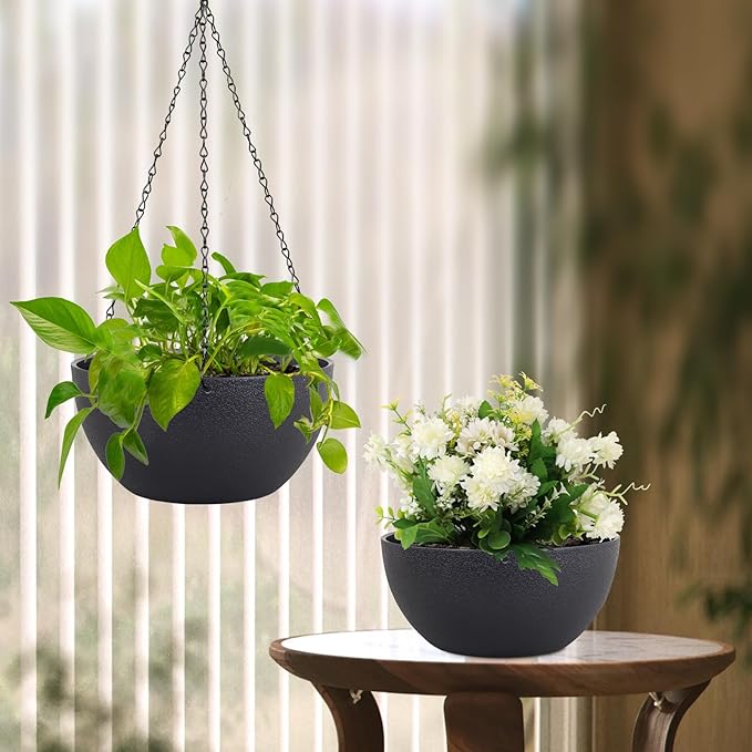 Meowell 10 inch Hanging Planters for Indoor Outdoor Plants, 2 Pack Hanging Flower Pots with Drainage Holes and Chain for Garden Porch, Round Plastic Hanging Baskets for House Plants, Black