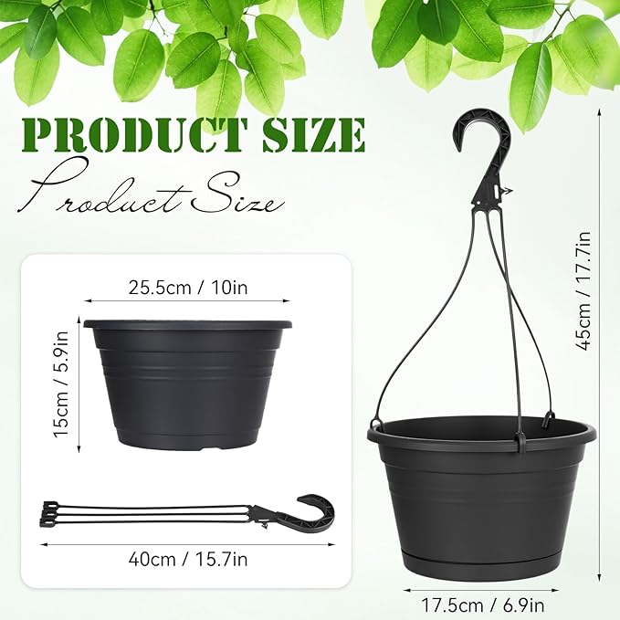 Roshtia 10 Pcs 10 Inch Hanging Baskets for Plants Large Plastic Hanging Basket Pots with Drainage Trays Self Watering Planter Pots for Outdoor Indoor Plants Flowers Garden Balcony (Black)