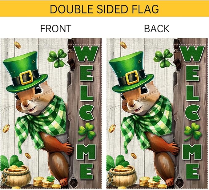 Spring St Patricks Day Garden Flag 12x18inch Double Sided Burlap The Squirrel Lucky Shamrock Garden Flags Happy St. Patrick's Day For Outdoor Yard Patio Lawn Decor,Green Hat with Clovers Gold Coin Pot Welcome Outside Decorations Banner
