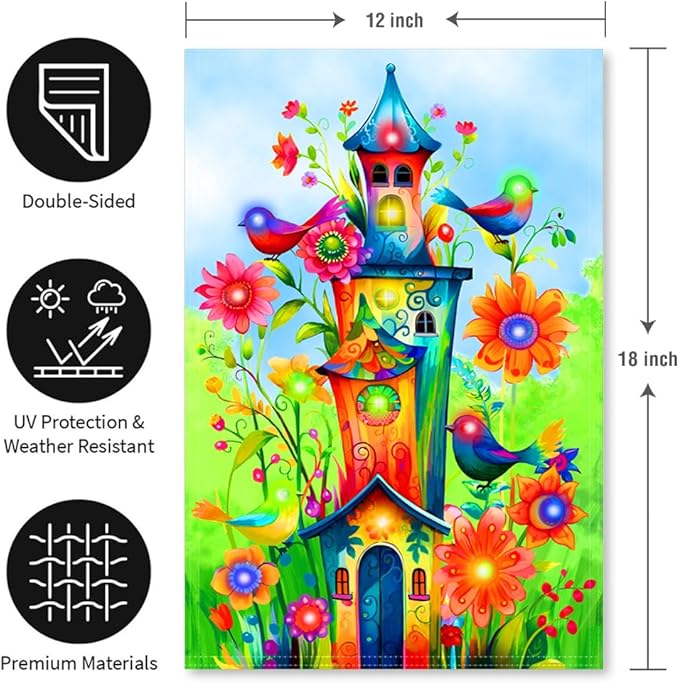 Bird Lighted Garden Flag for Outside, Led Solar Yard Flag 8 Modes Floral Bird Flag, 12x18 Double Sided House Decorations for Home Porch (Stand Not Included)