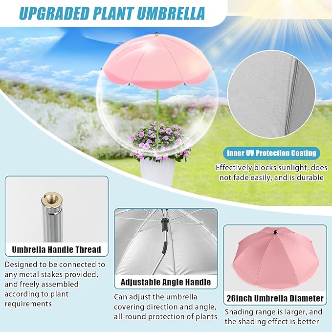 Axcoix 4 Pack Upgraded Plant Umbrellas for Outdoor Plants, 26" Larger Garden Plant Umbrella Shade with Adjustable Angle, 43.4" Higher Sun Shade for Plants, Potted Plant, Garden Beds