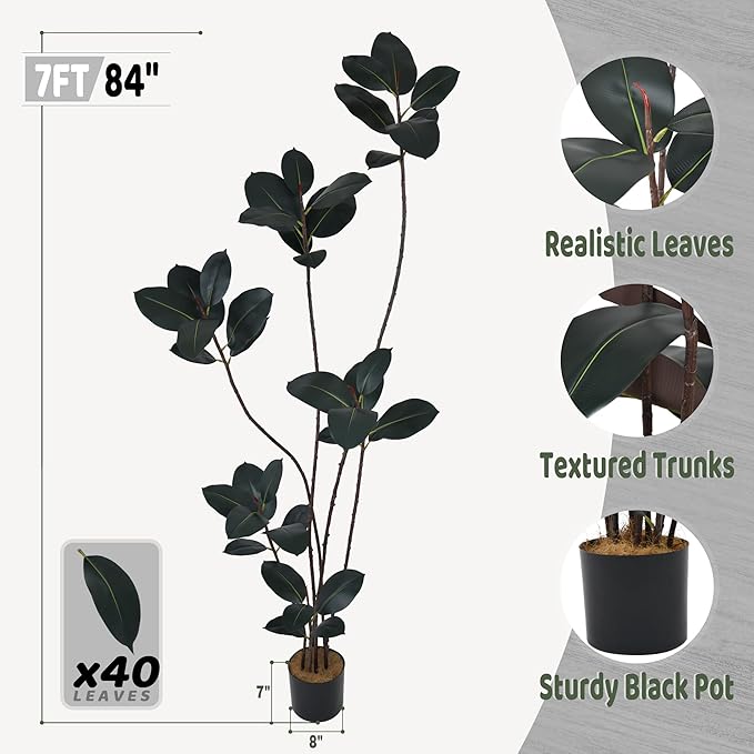 Artificial Rubber Tree 7FT with 40 Glossy Leaves & 6 Heads & Black Pot Cover with Coconut Fiber Realistic Tall Large Faux Tropical Ficus Elastica Plant 84 Inch for Indoor Home Modern Decor