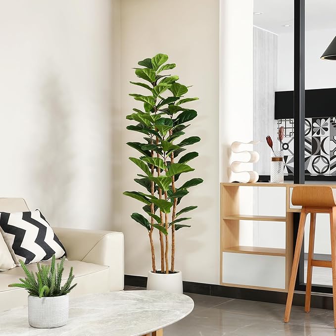 OAKRED Artificial Fiddle Leaf Fig Tree with White Planter, 6ft Tall Fake Tree with Natural Wood Trunk for Home Decor, Faux Ficus Tree Fake Moss for Indoor Office Living Room