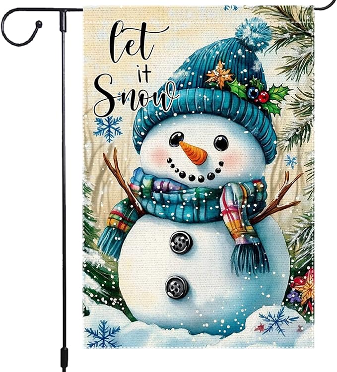 Snowman Garden Flag 12x18 Inch Double Sided Burlap Winter Let It Snow Outdoor Yard Flag Holiday Christmas Seasonal Welcome Banner for House Lawn Porch Small Decorations