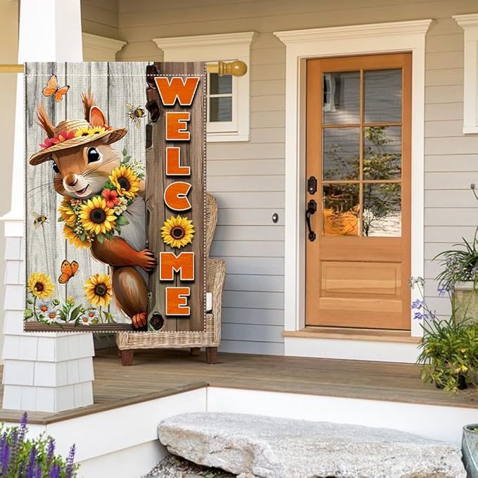 Welcome Garden Flag Vertical Double-Side Small Burlap sunflower Spring Summer Squirrel Garden Flags Yard Porch Outdoor Patio Lawn Decor Flags Decorations (RMQ-480D, 28"X40")