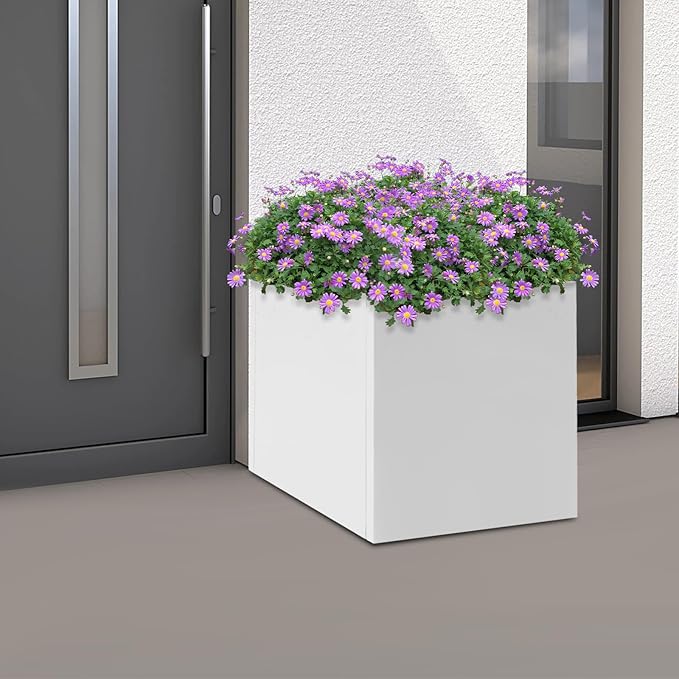 DYNAMI Square Planter Box,20x20x20in Steel Metal Planters Large Cube Plant Pot for Outdoors,Modern Heavy Duty Flower Pot for Patio, Deck, Yard, Garden (White, 20in)