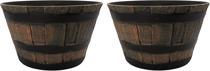 The HC Companies Whiskey Barrel Planter - Faux Wooden Finish Flower Planter Pot - Decorative Garden Pots - Indoor & Outdoor Resin Planters - Weather-Resistant Planting Pots (20" Dark Oak, Pack of 2)