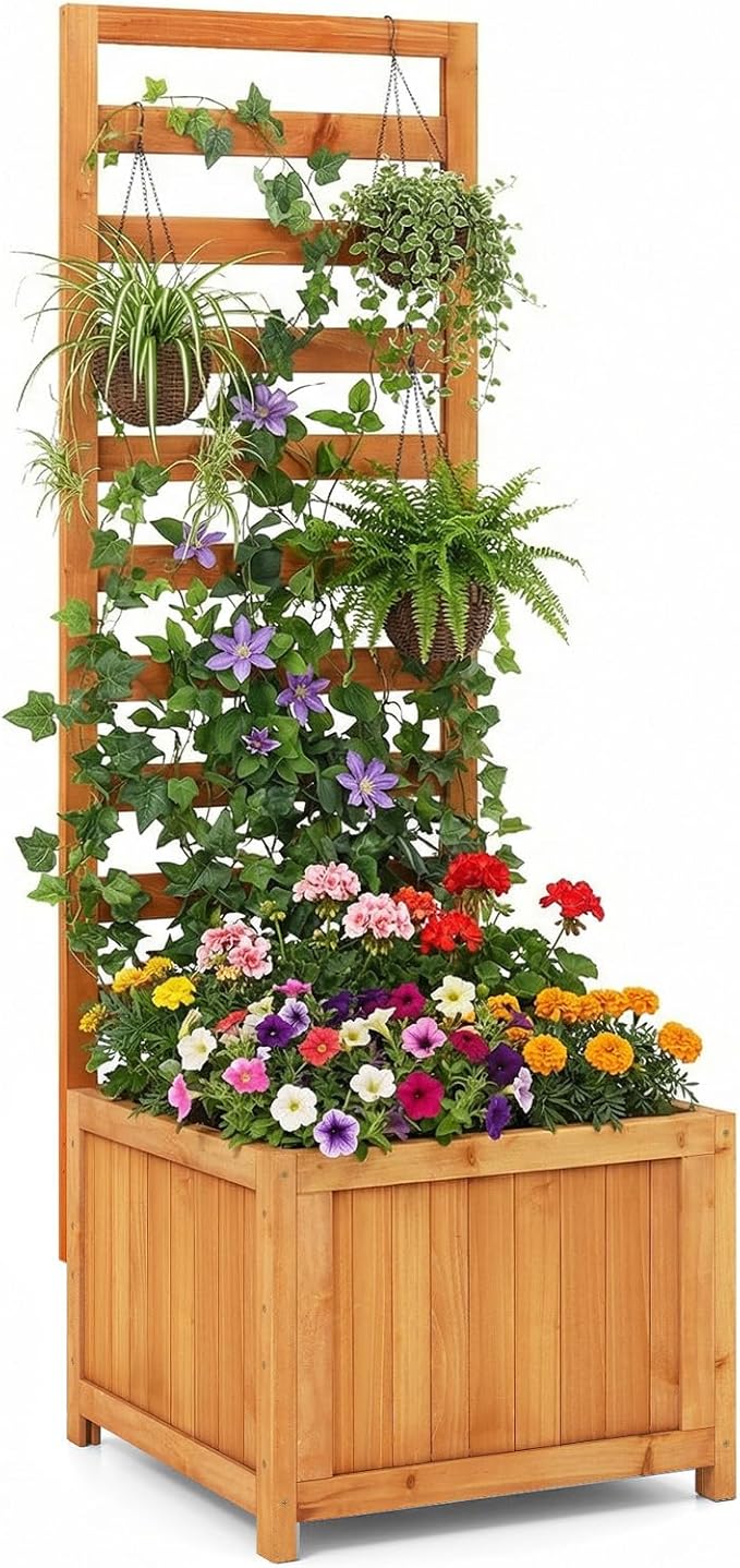 Giantex Wood Raised Garden Bed with Trellis, Outdoor Planter Box for Vines Flowers Vegetables, Herbs, Freestanding Plant Container Privacy Planters for Porch, Patio, Backyard