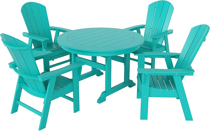 WestinTrends Malibu 5 Piece Adirondack Patio Dining Set, All Weather Poly Lumber Outdoor Table and Chairs Furniture Set, 47" Trestle Round Dining Table and 4 Adirondack Dining Chair, Turquoise