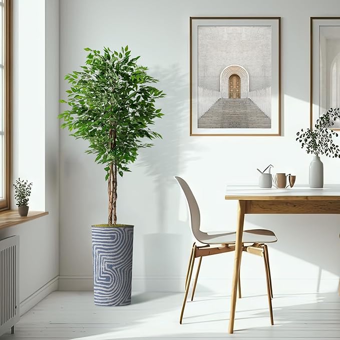 Artificial Tree in Contemporary Geometric Pattern Planter, Fake Ficus Silk Tree for Indoor and Outdoor Home Decoration - 75" Overall Tall (Plant Pot Plus Tree)