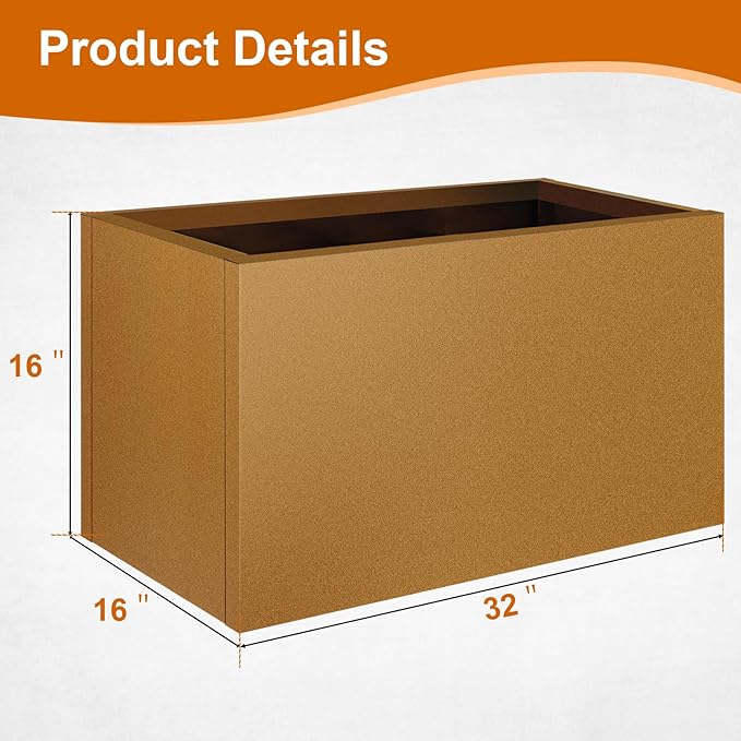 Meyoppm Corten Steel Planter Box 32"x16"x16", Rustic Metal Planter with Partitions & Drainage Holes, Frost Rust Resistant Heavy Duty Planter for Patio Garden Indoor Outdoor Commercial Decor