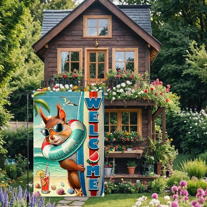 Welcome Garden Flag 12.5X18 Inch Double Side Burlap beach Surfboards Squirrel Summer Garden Flags Home Outdoor Yard Lawn Coastal Decorations