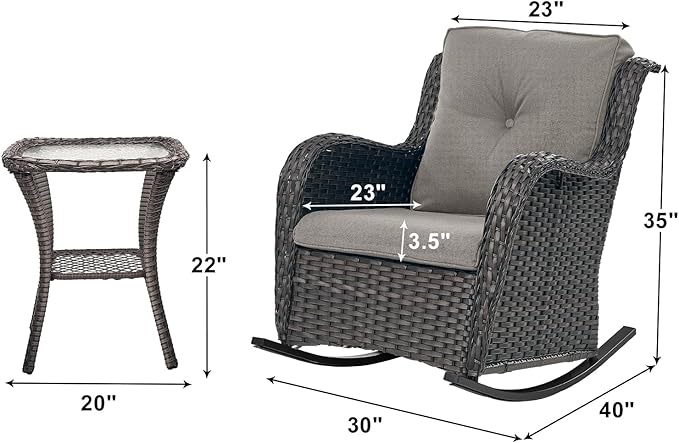 Rilyson Patio Chairs Outdoor Rocking Chair - 3 Piece Wicker Patio Bistro Set Rattan Patio Furniture Rocker Chairs and Side Table for Porch Deck Backyard Garden(Brown/Grey)