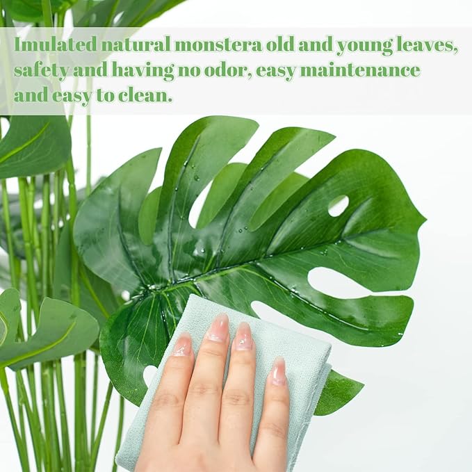 Set of 2 Fake Plants 28" Tall Artificial Monstera Deliciosa with 18 Leaves in White Pot for Home Office Decor