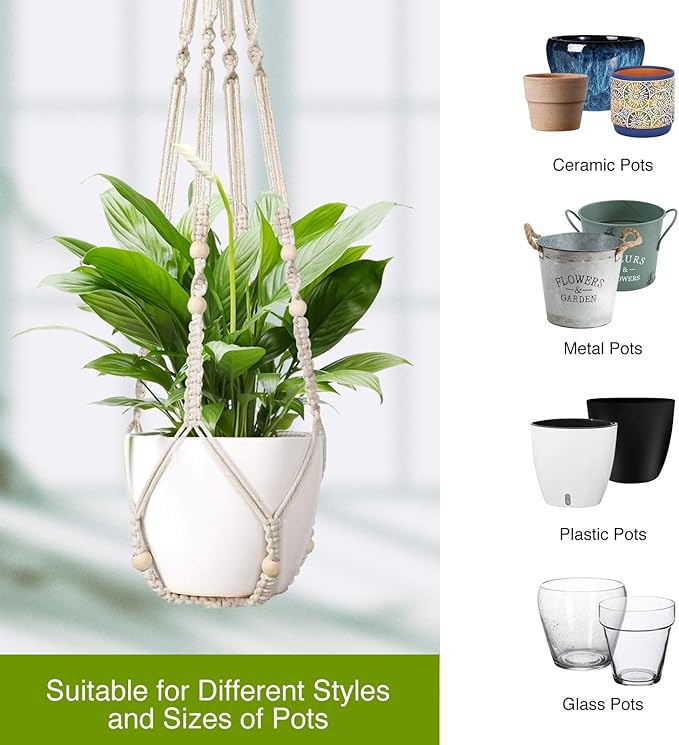 LEWESU Macrame Plant Hanger Indoor Set of 4 with 8 Hooks, Indoor Outdoor Hanging Planter for Plants Holder with Decorative Wood Beads & No Tassels, Boho Home Decor, 35 Inch Ivory (Pots Not Included)